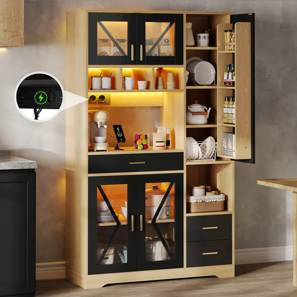 Gabinete de Cocina Estilo Granero, Gabinete de Almacenamiento Multifuncional con Estantes Ajustables y Luces LED