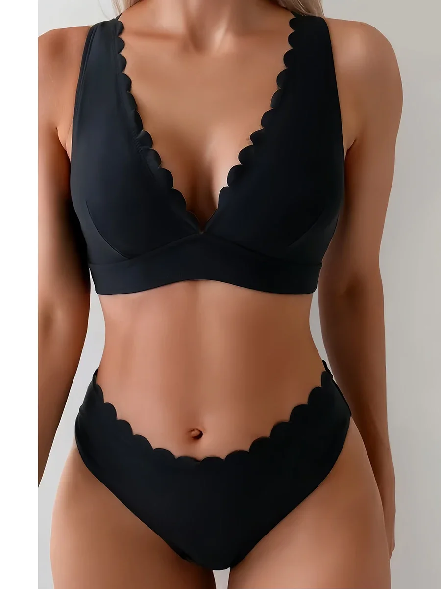 2026 2026 V-neck Bikinis Solid Padded Swimsuit Women Swimwear Female Bathers Bathing Swimming Swim Suit