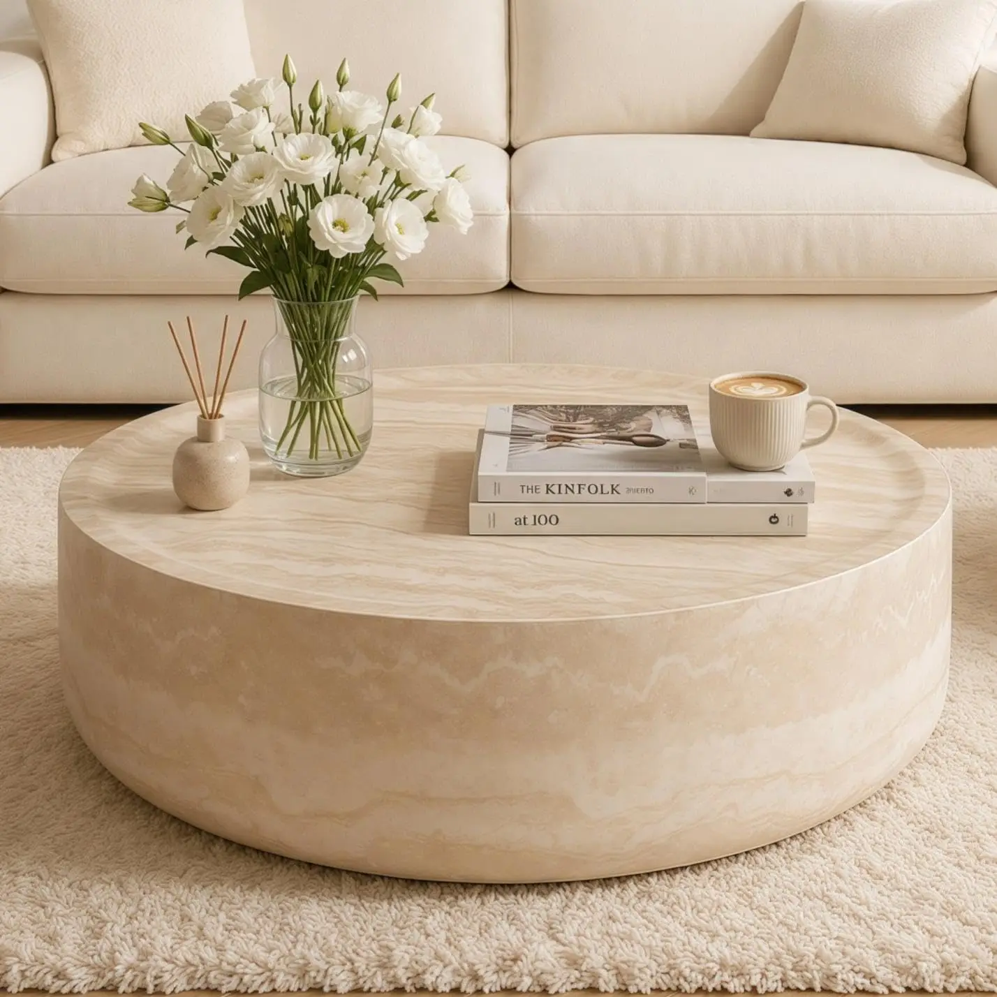 39.37" Large Round Faux Travertine Marble Coffee Table for Living Room, Customized