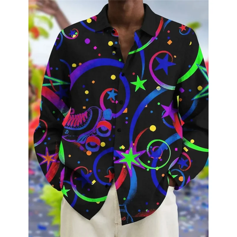 Fireworks Champagne Pattern Hawaiian Shirts For Men Happy New Year 3D Printed Aloha Shirts Casual Loose Long Sleeve Tops Blouses