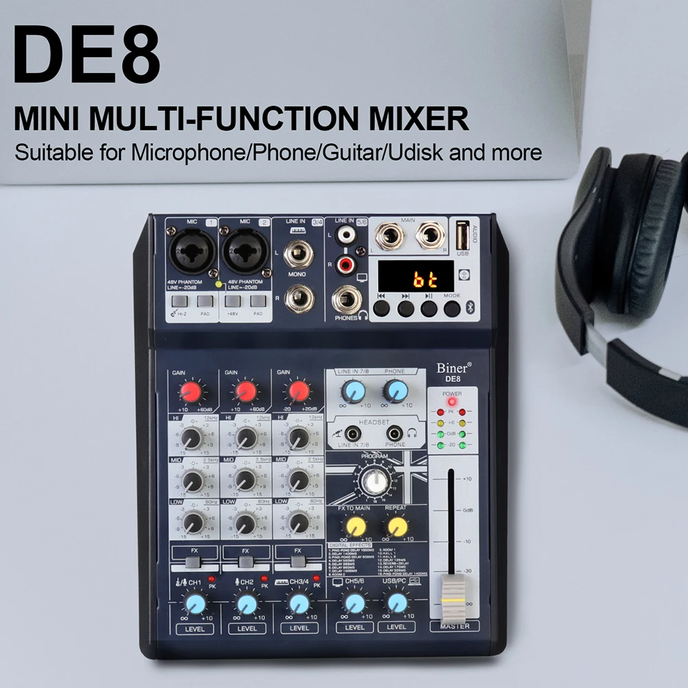 Biner DE8 Professional DJ Sound Controller With 16 Bit DSP Soundcard For PC Recording 8 Channel Usb Audio Mixer