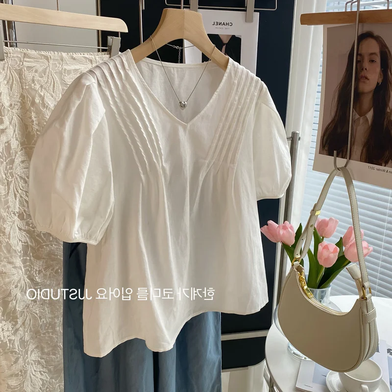 

Short Sleeve Shirts Womens Cotton Patchwork Pintuck Cropped Light Luxury Modern Artistic Urban Student Youthful Chic Elegant