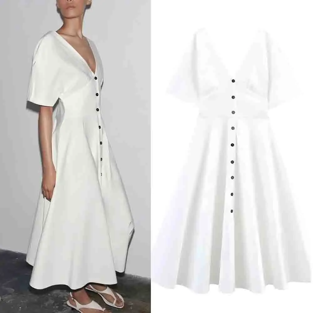 

Women's New Fashion Button up Decorative Poplin Backless Wide Swing Midi Dress Retro V-neck Short sleeved Women's Dress