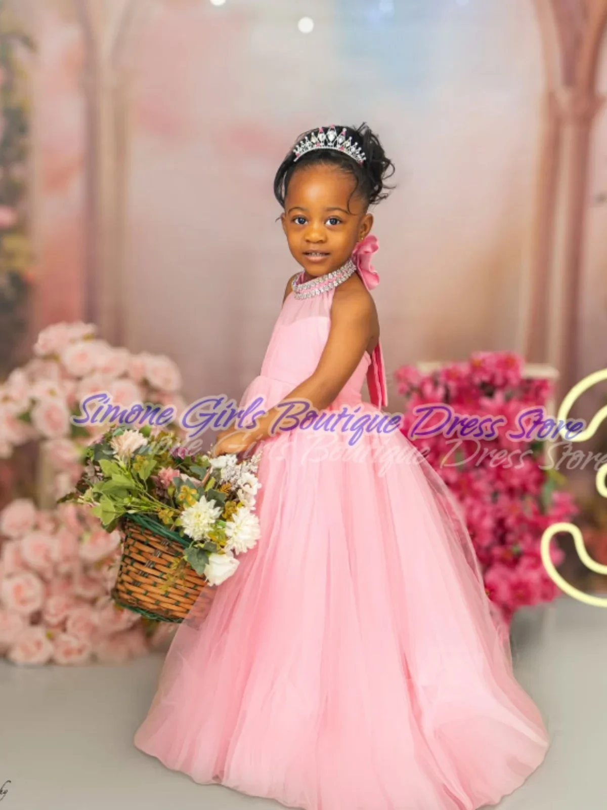 Backless Halter Neck Skirt Ball Gown Sleeveless Bow Flower Girl Dresses for Dance Performances Birthday Holiday Celebrations