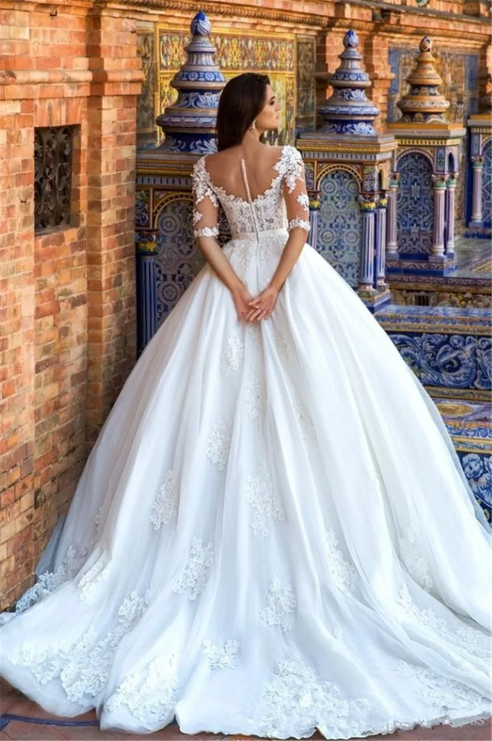 Customizable Simple Vintage Sweetheart Lace Applique Half Sleeve A-Line Floor Length Bridal Wedding Dress