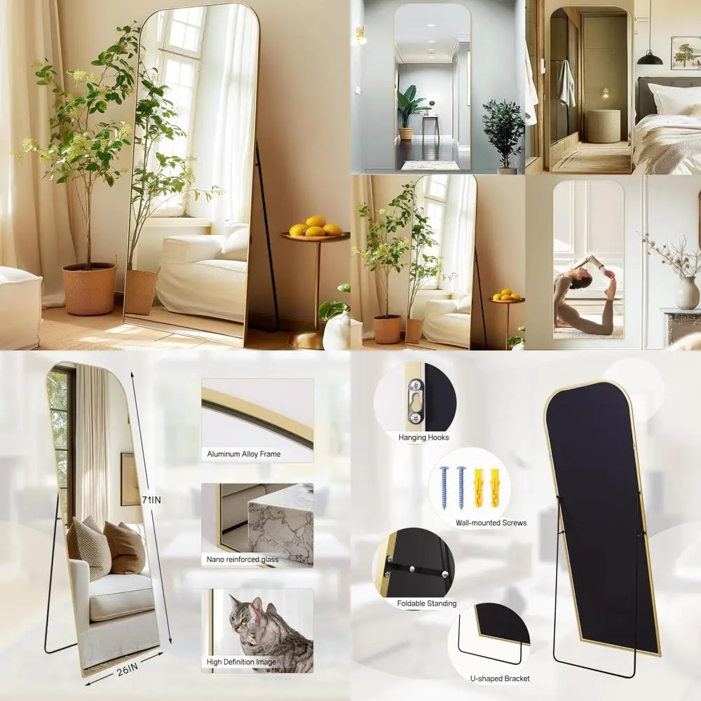 Miroir mural ou sol arqué surdimensionné, 71 x 26 pouces, support autoportant, finition dorée, idéal pour le salon ou la chambre à coucher