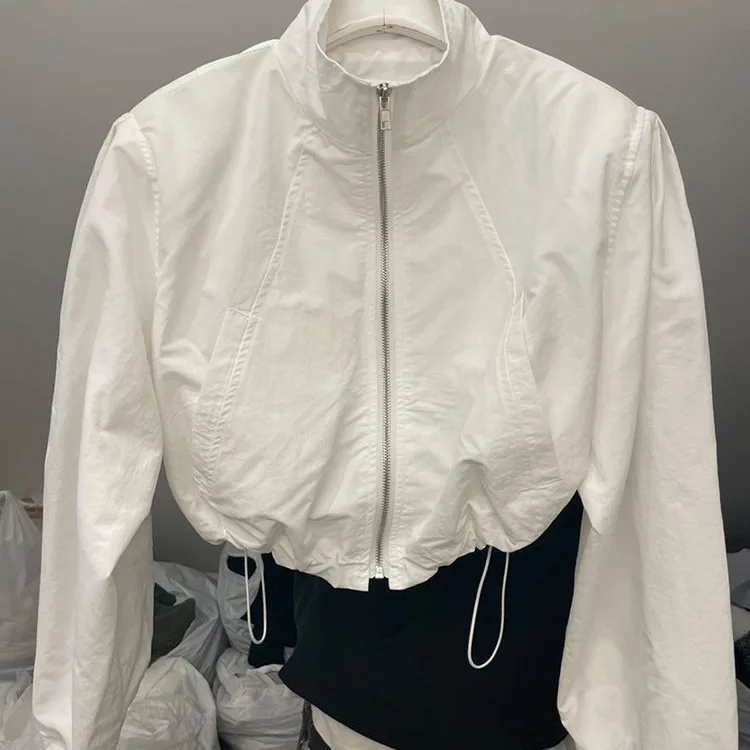 Women's Cropped Windbreaker Jacket, Stand Collar Zip-Up Drawstring Hem Bomber Coat, Casual Streetwear Outerwear