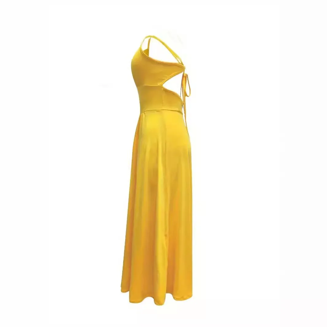 Elegant Party Dress Evening Satin Yellow V Neck Spaghetti Strap Backless Long Wrap Gown Cross Back Maxi Dress for Wedding Guest view 3