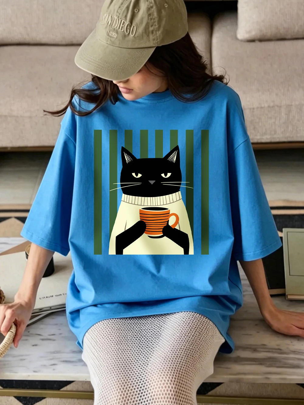 Schwarze Katze Kaffeetassen-Druck Baumwoll-T-Shirts Damen Sommer Oversized Tops Lässige Weiche Kurzarm-T-Shirts Basic O-Ausschnitt Kleidung – Detail 27