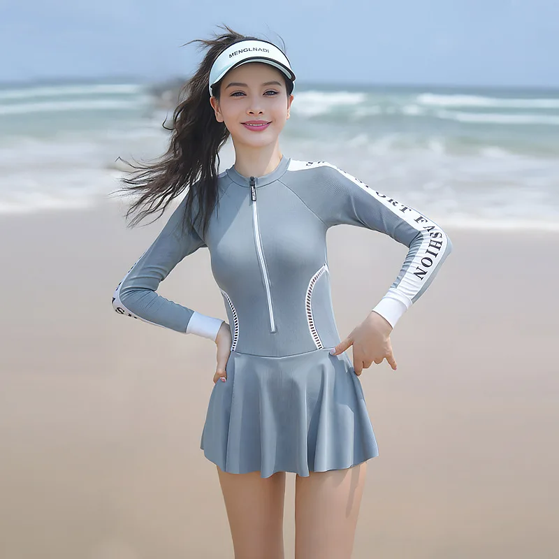 

Women's Modest Rash Guard One Piece Swimsuit Zipper Long Sleeve Swim Dress with Shorts Bathing Suit Athletic Swimskirt Sunsuit