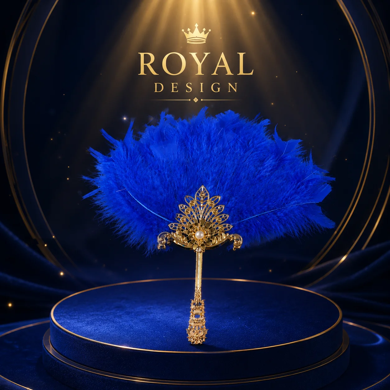 Vintage Style Royal Blue Fan with Ornate Gold Handle and Pearl Detail for Bridal or Gatsby Events