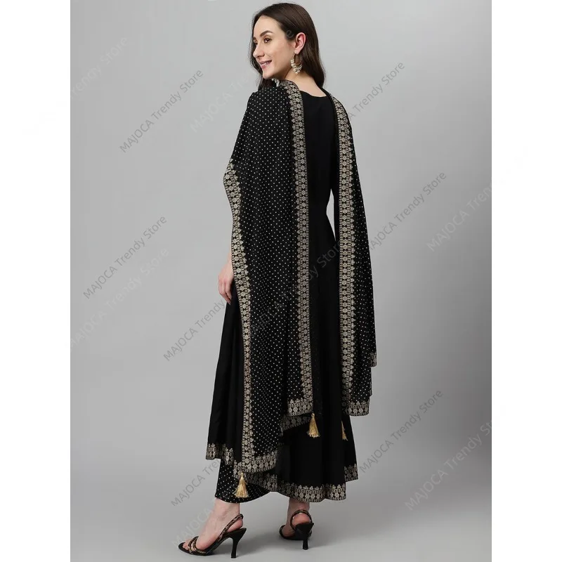 Indian Pakistani Women Black Rayon Kurta Pant Set with Dupatta Ethnic Embroidery 3 Piece Suit Traditional Anarkali Salwar Kameez - view 4