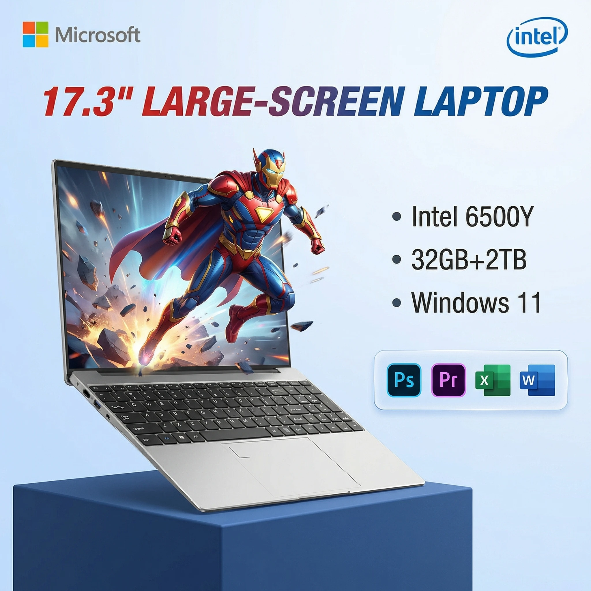 Portátil de 17.3 Pulgadas con Intel Pentium 6500Y, 32GB, SSD de 1TB/2TB, Windows 11, Pantalla Grande, Desbloqueo por Huella Dactilar, Oficina, Computadora Portátil, PC