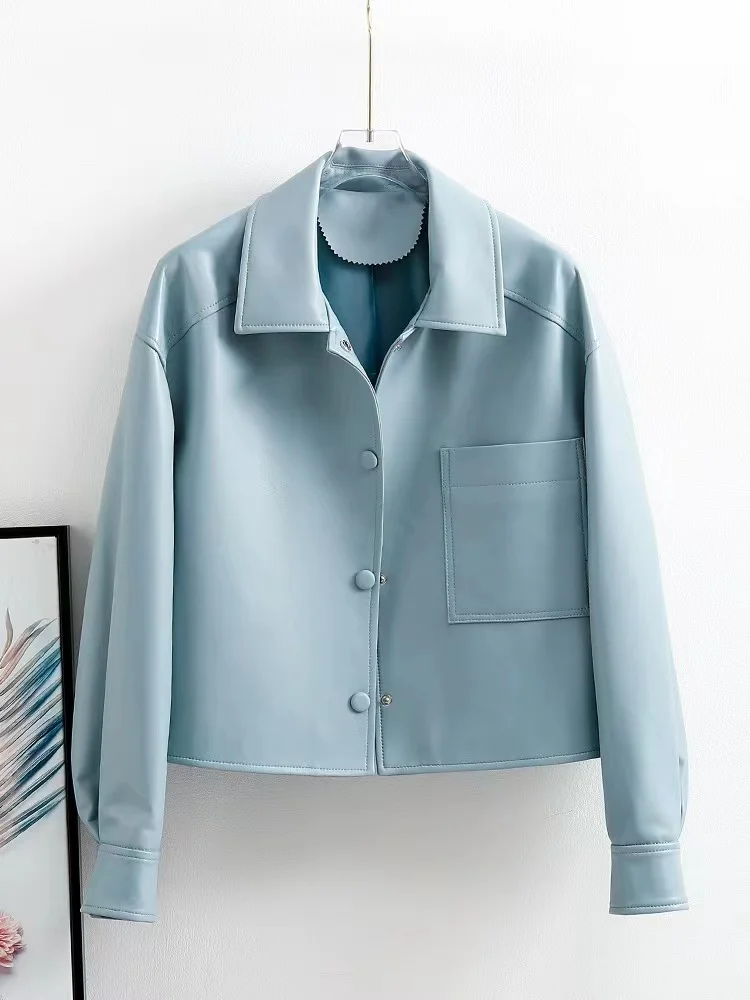 Chaqueta de cuero versátil para mujer, camisa corta delgada, abrigo informal de jengibre azul, ropa de calle, 2024