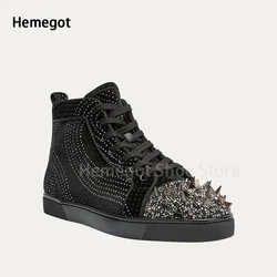 Black Suede Crystal Rivet Casual Shoes for Men Sneaker Round Toe Lace-Up Shoes Genuine Leather Comfort High-Top Flat Shoes