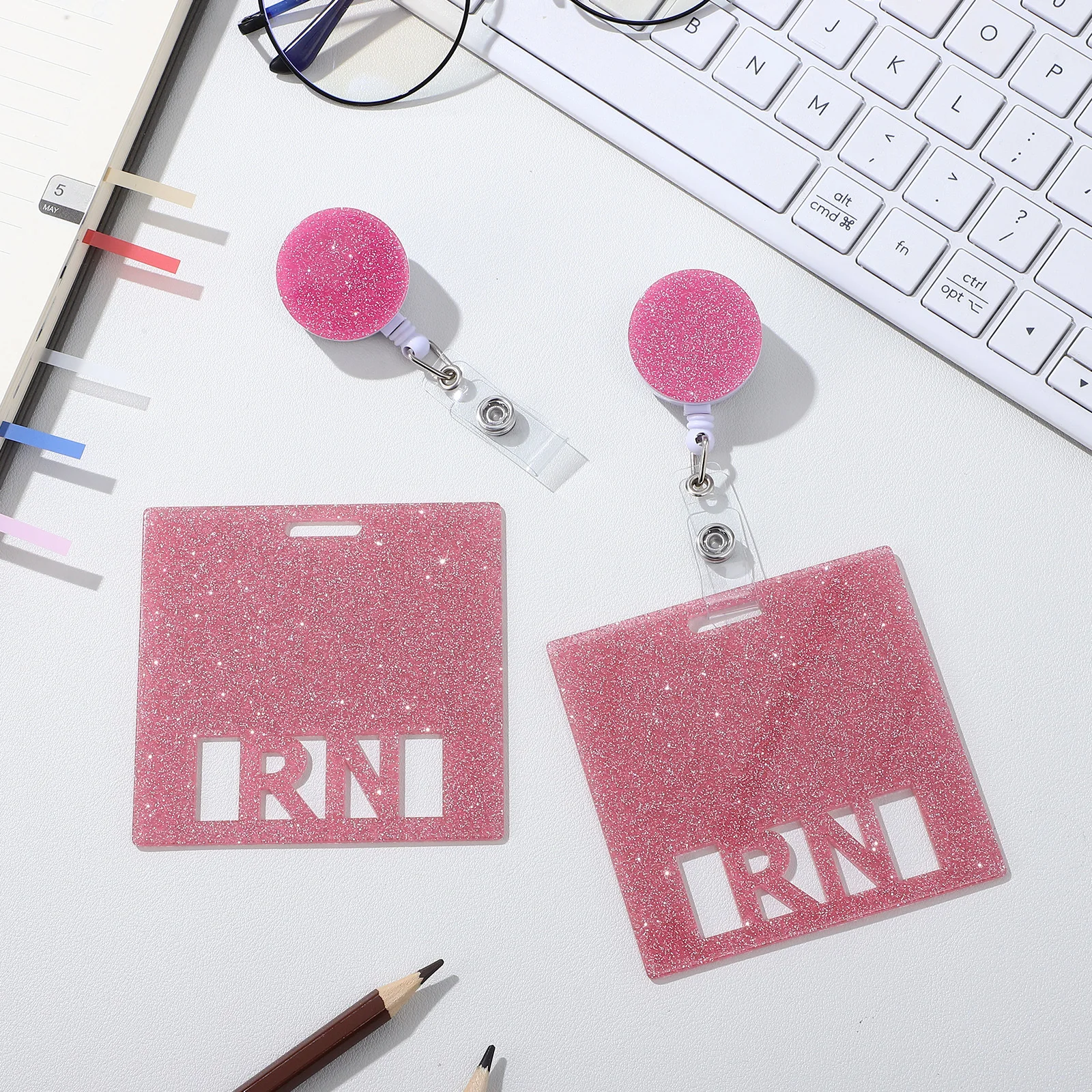 

2pcs Glitter Pink Nurse Badge Cards Premium Acrylic Horizontal Id Holders Retractable Buckle Lightweight For Hospitals