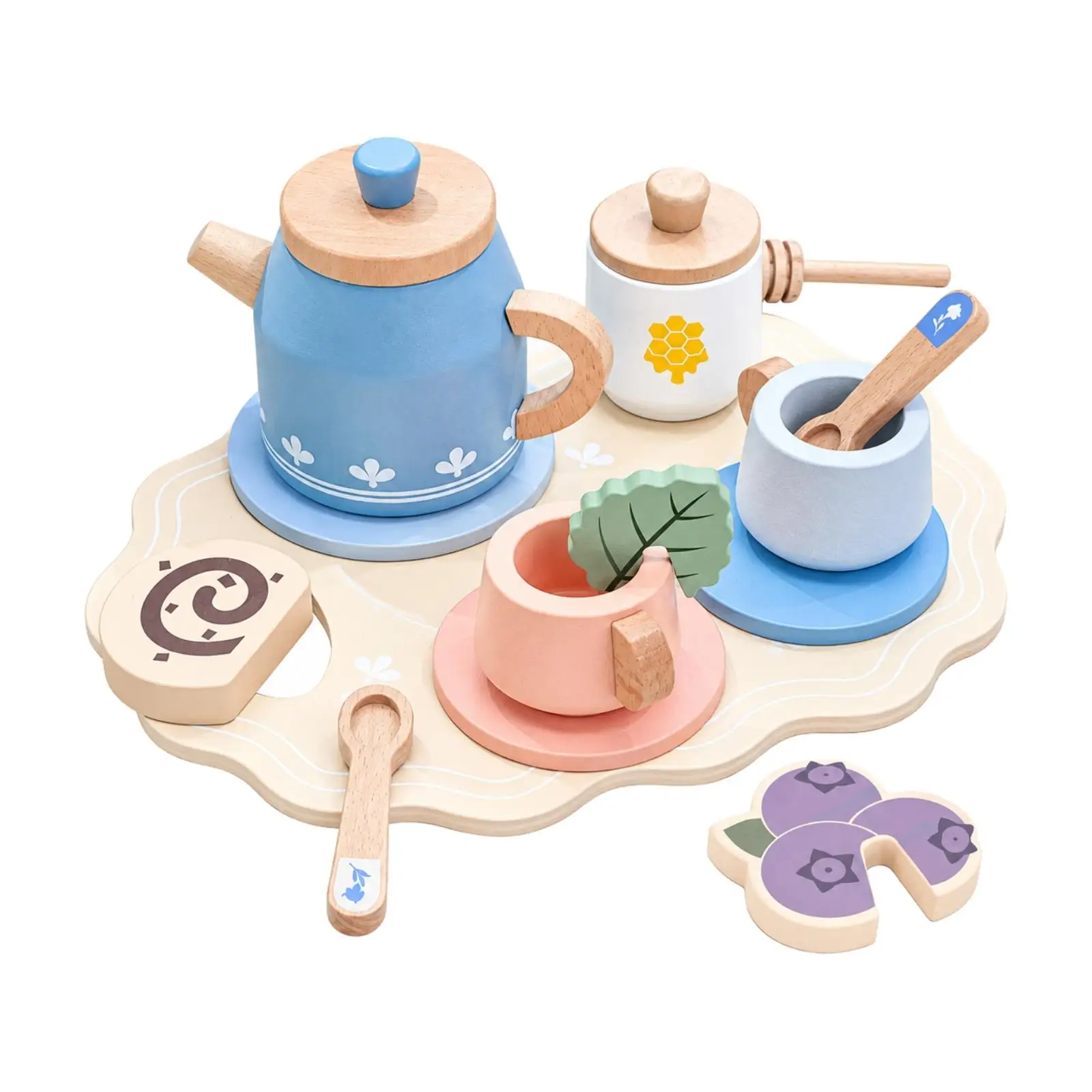 Wooden Afternoon Tea Play Set Child-Friendly Wooden Pretend Tea Service Set Rounded Imaginative for Toddlers