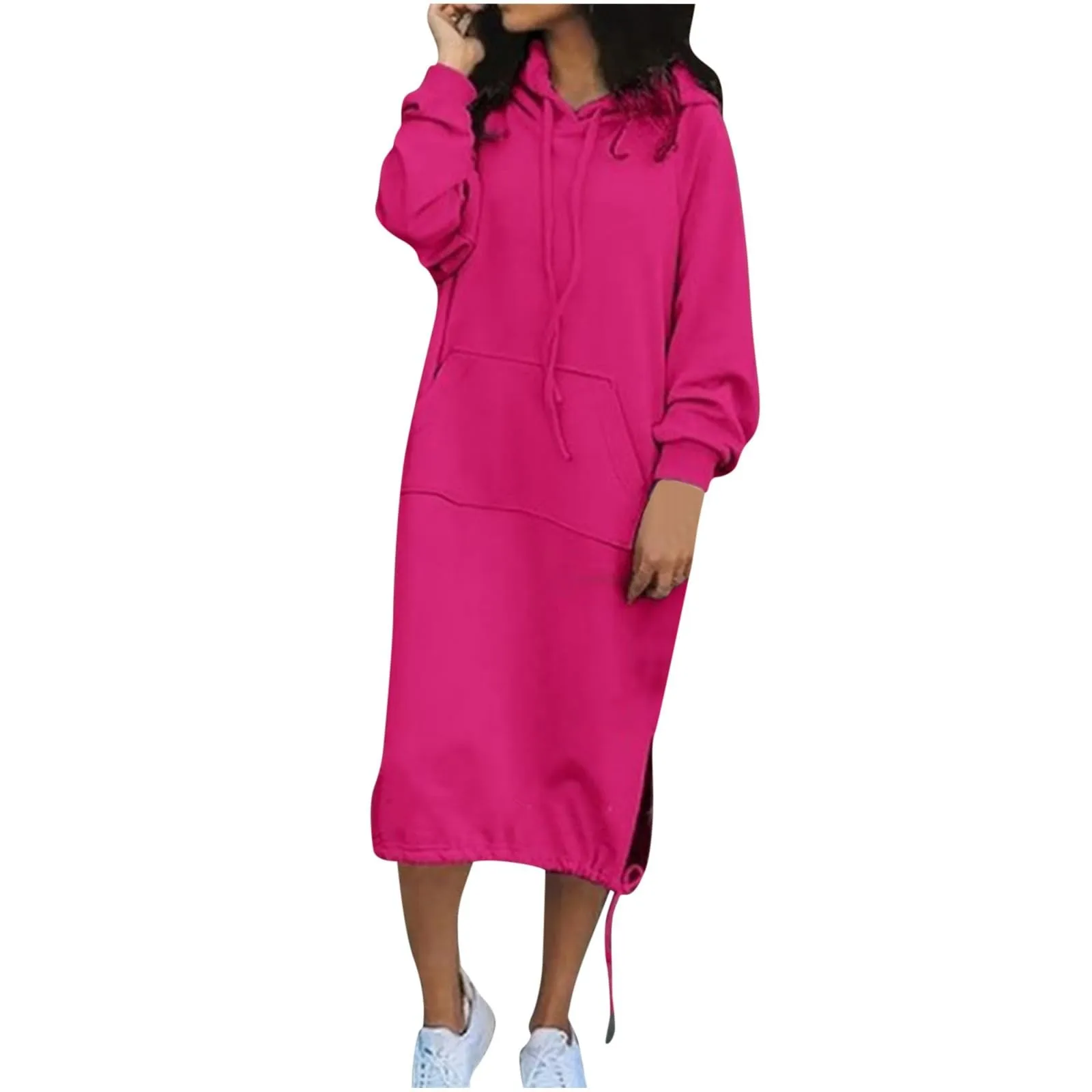 Lazy Style Hoodies Dress for Women Fashion Long Vestidos Warm Casual Loose Pocket Sweatshirt Dress Hem Lace-up Midi Robe