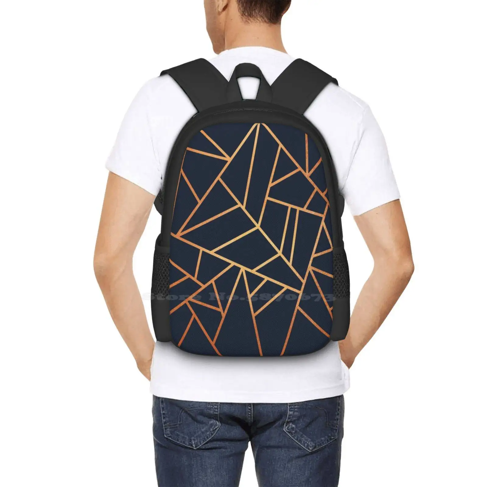 Mochilas escolares de viaje con diseño de patrón azul marino de cobre y medianoche, patrón gráfico de líneas abstractas, mosaico de geometría moderna