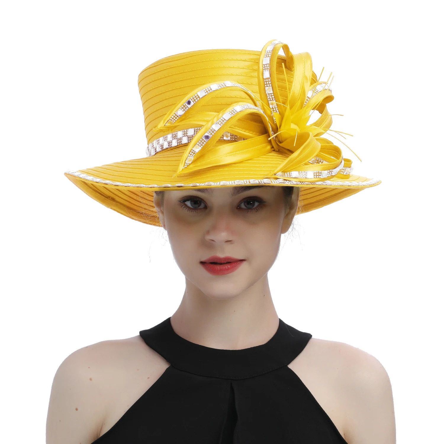 Yellow Fashion Satin Cloth Church Hat Deluxe Luxury Elegant Photography Hat Beauty Fancy Formal Flower Fascinator Hat Female