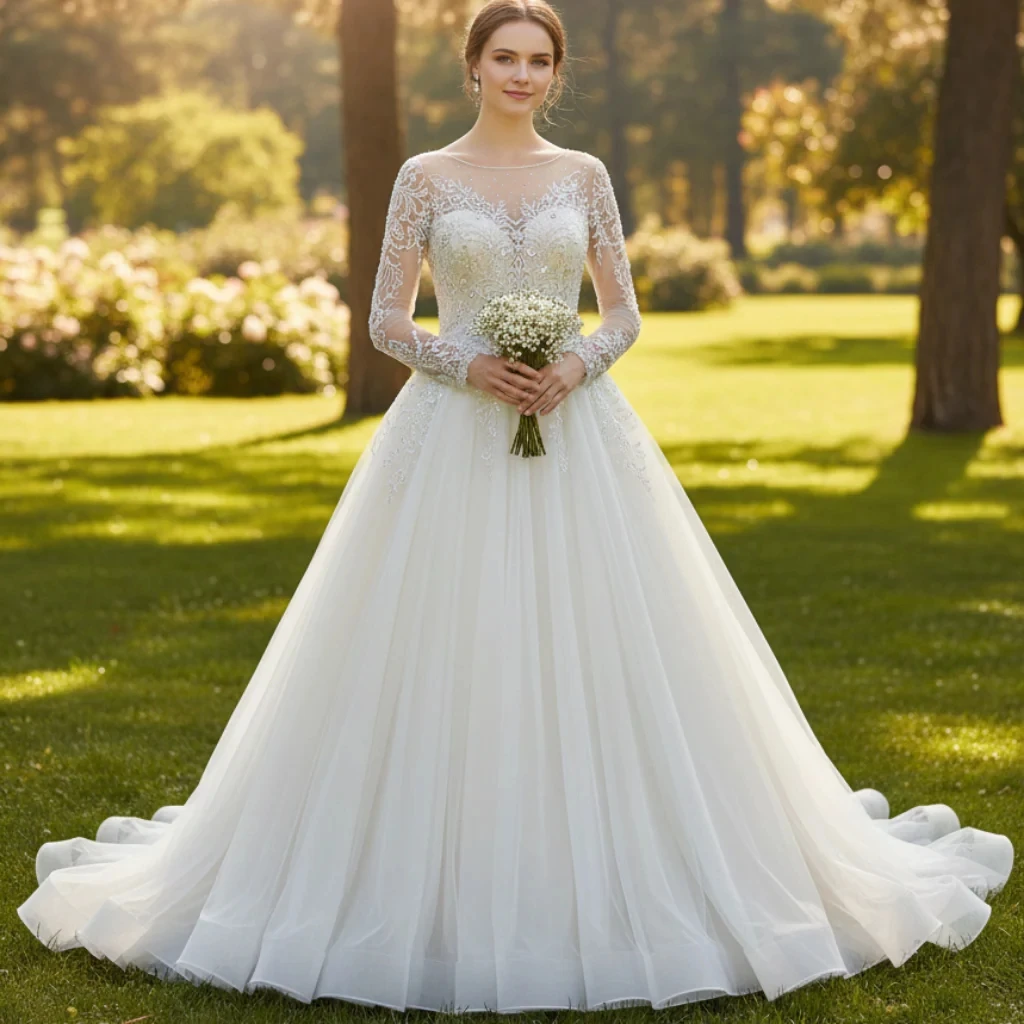 Rosymae Elegant A-Line Wedding Dress with Sheer Sleeves for Bride Gown