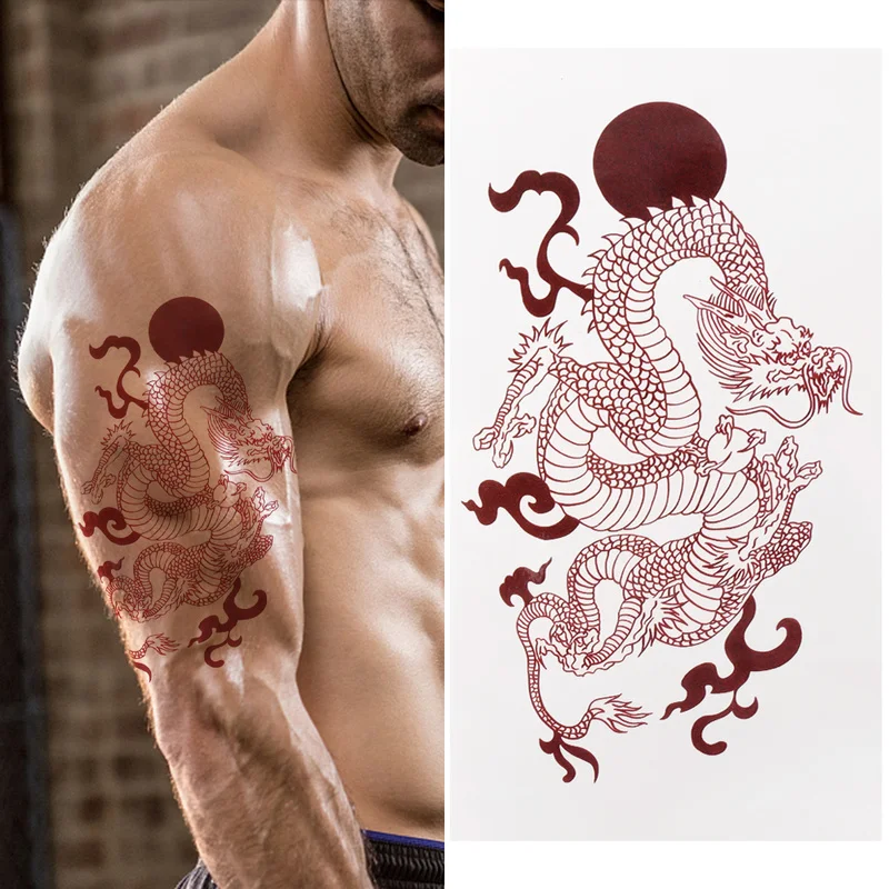 Waterproof Temporary Tattoo Stickers Big Size Red Dragon Arm Legs Body Art Fake Tatto Long Lasting Men Women Tarragon Decals 1PC