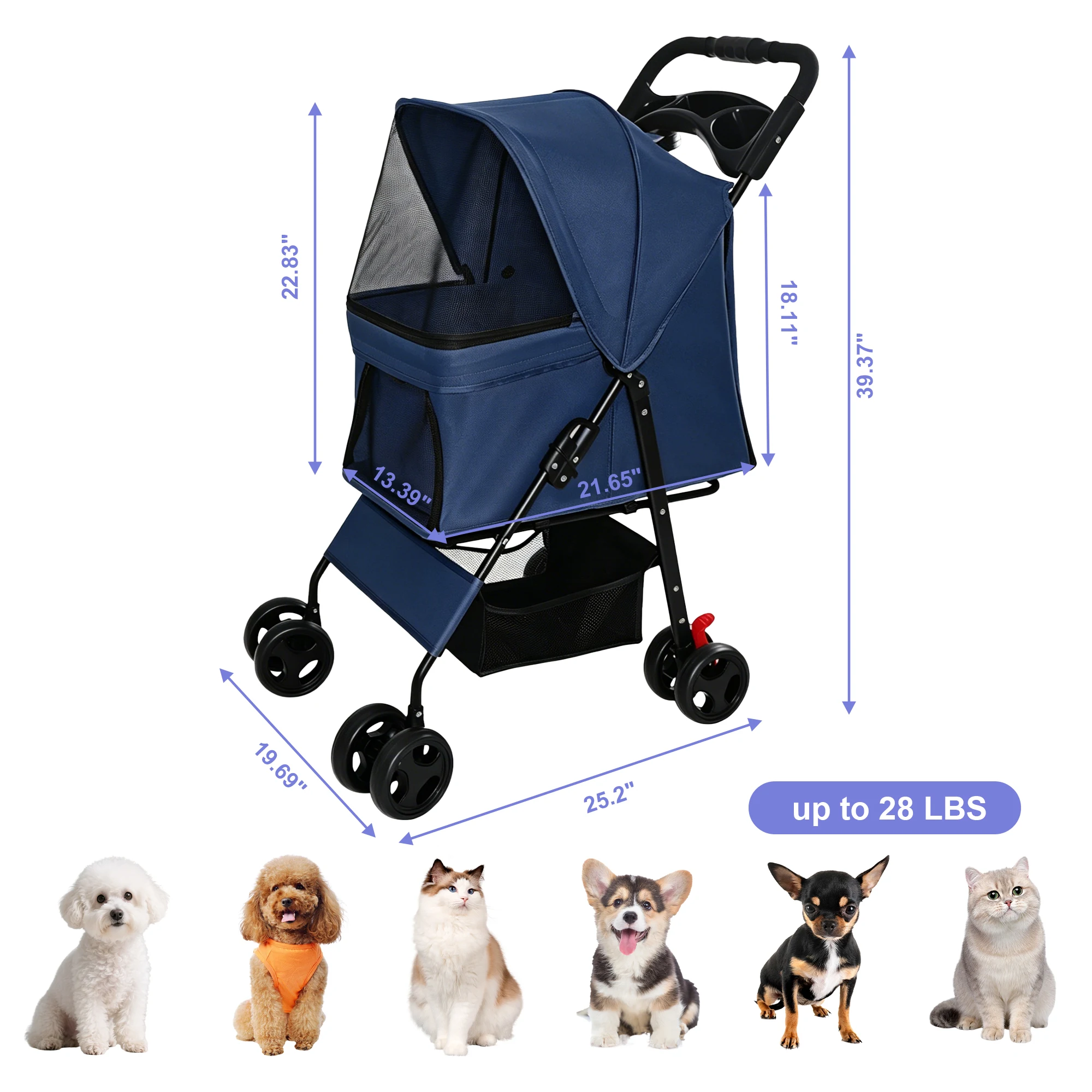 [US Stock] Foldable Pet Stroller for Small Dogs Cats, 28lbs Capacity, One-Click Fold Travel Carrier with Tray & Basket, Blue