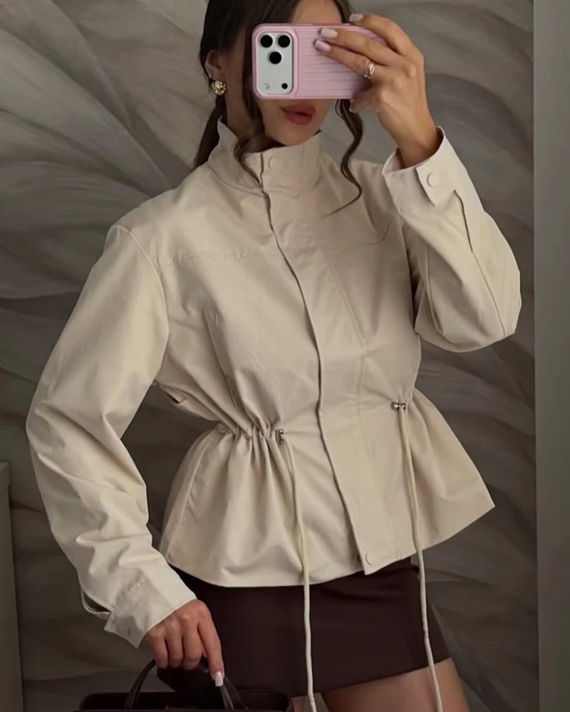 Women's Jacket 2026 New Fashion Long-Sleeve Drawstring Waist Stand-Collar Jacket Elegant Chic Personality Autumn Ladies Coat