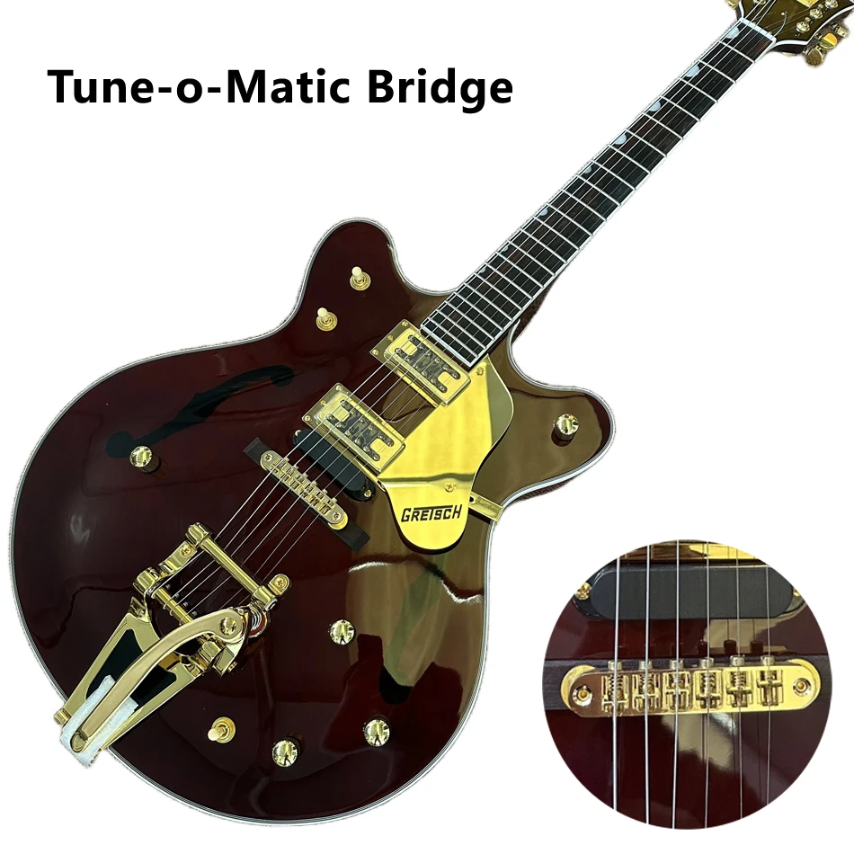 

Brown Hollow Body Jazz Electric Guitar, Rosewood Fingerboard, Gold Hardware, Tremolo Bridge, Free Shipping