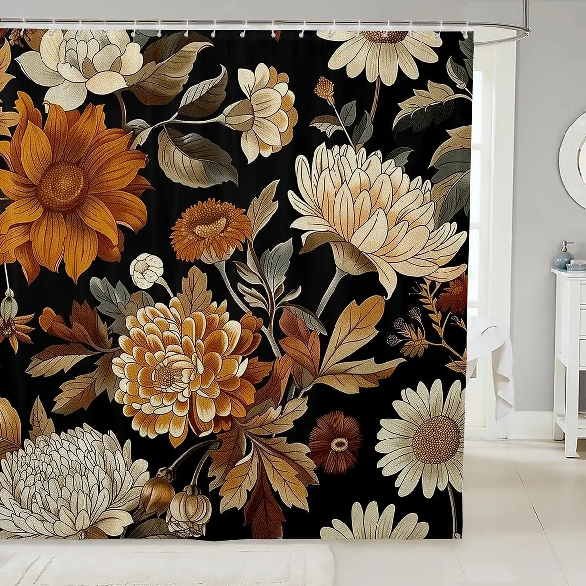 Shower Curtain Floral Botanical Autumn Gold Leaves Pattern Bathroom Decoration Luxury Vanity Shower Curtain 72x72 Inches