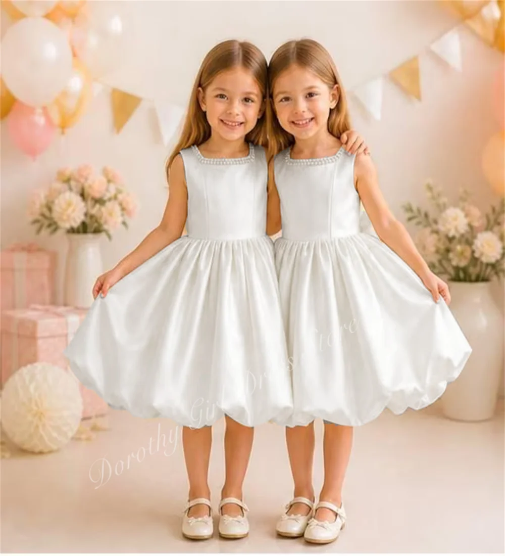 Luxury Girl Baby Dress Ivory Satin Fabric Pearl Collar Butterfly Bow Backless Ballet Children's Birthday Ball Dress
