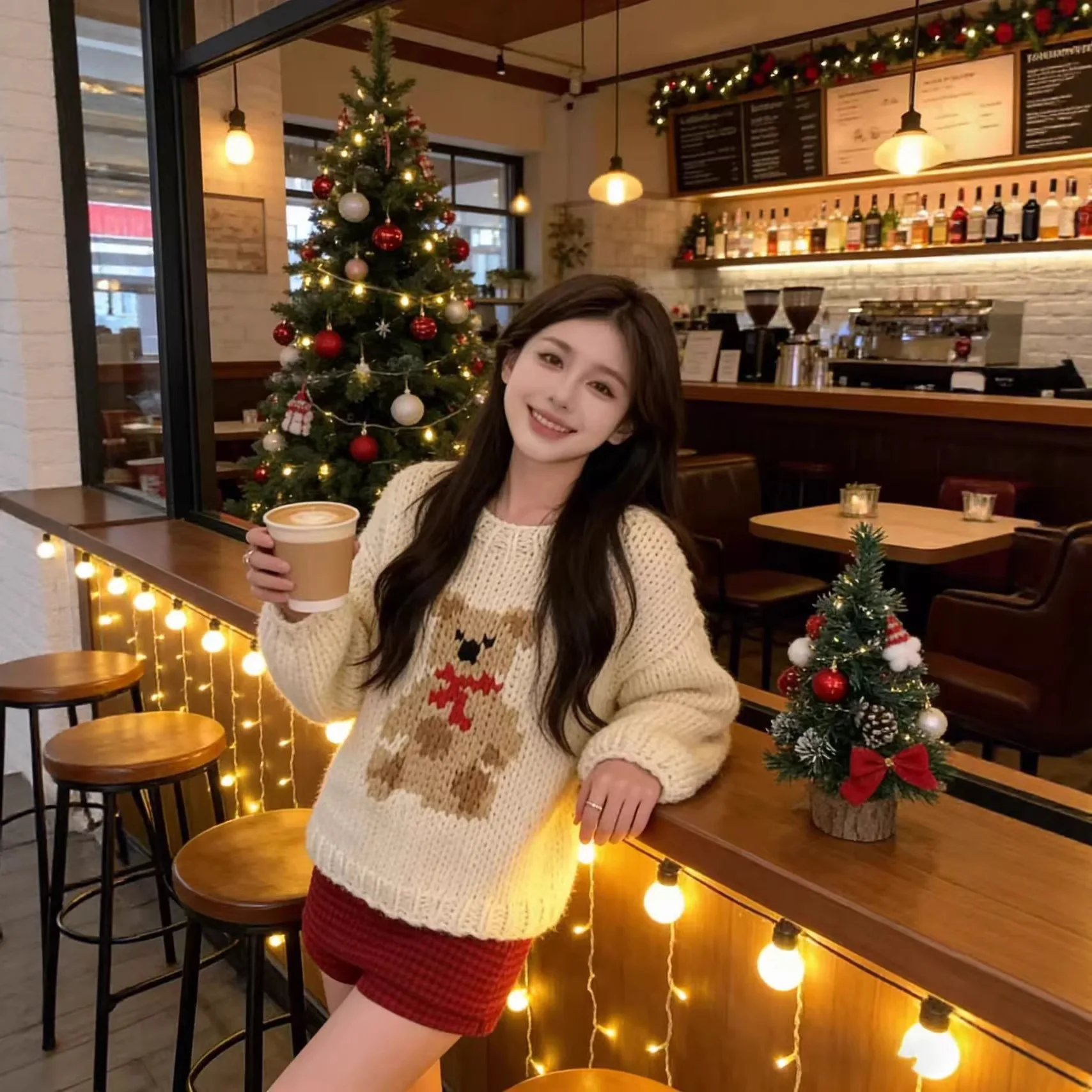 

Korean Sle Bear Pattern Handmade Knitted Sweater Jaet Women's Faionable Versatile Thiened Needlework Outerwear