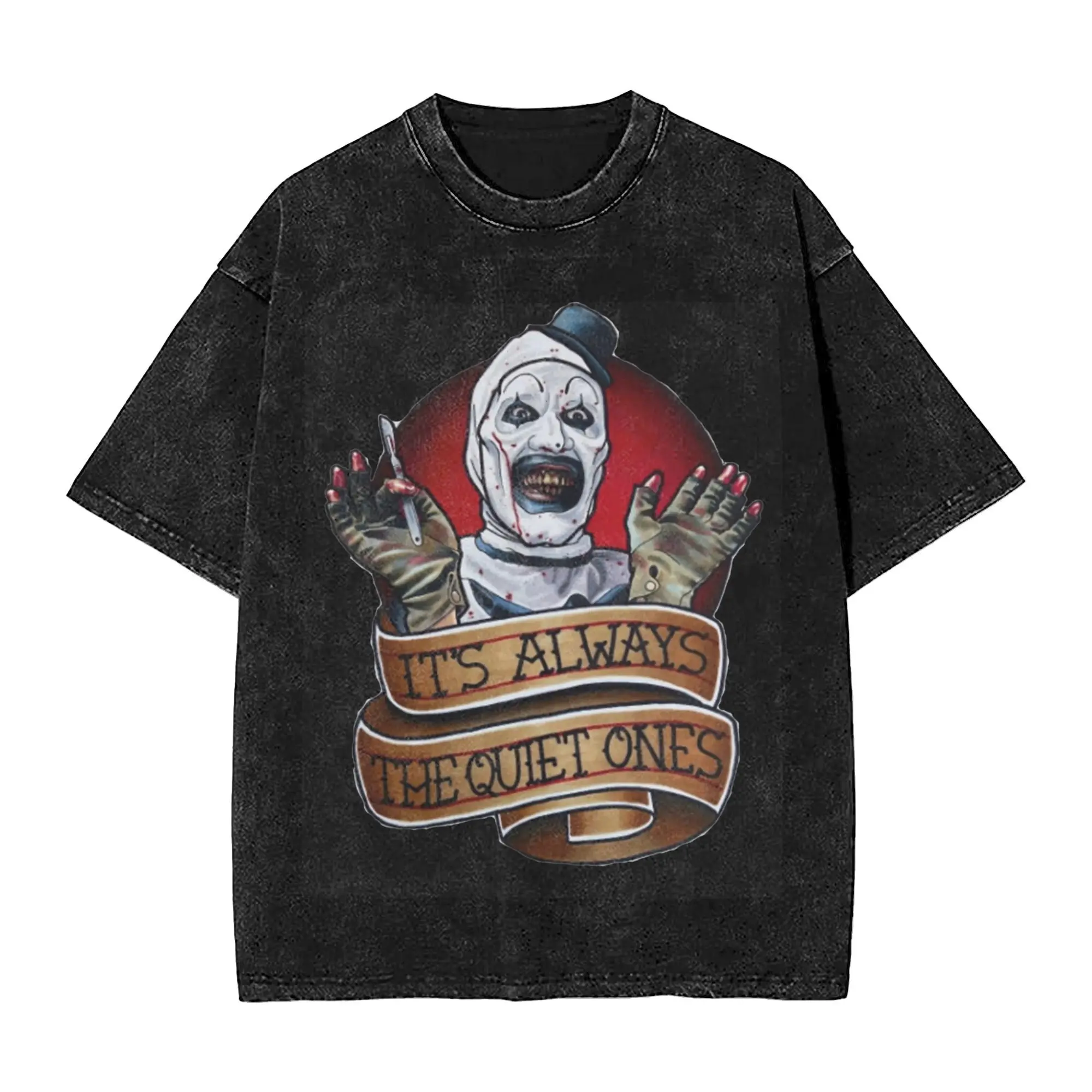 

Terrifier Clown Movie Horror Art Halloween Film Washed T Shirt Streetwear Hip Hop Retro T-Shirts Tee Shirt for Men Women Street