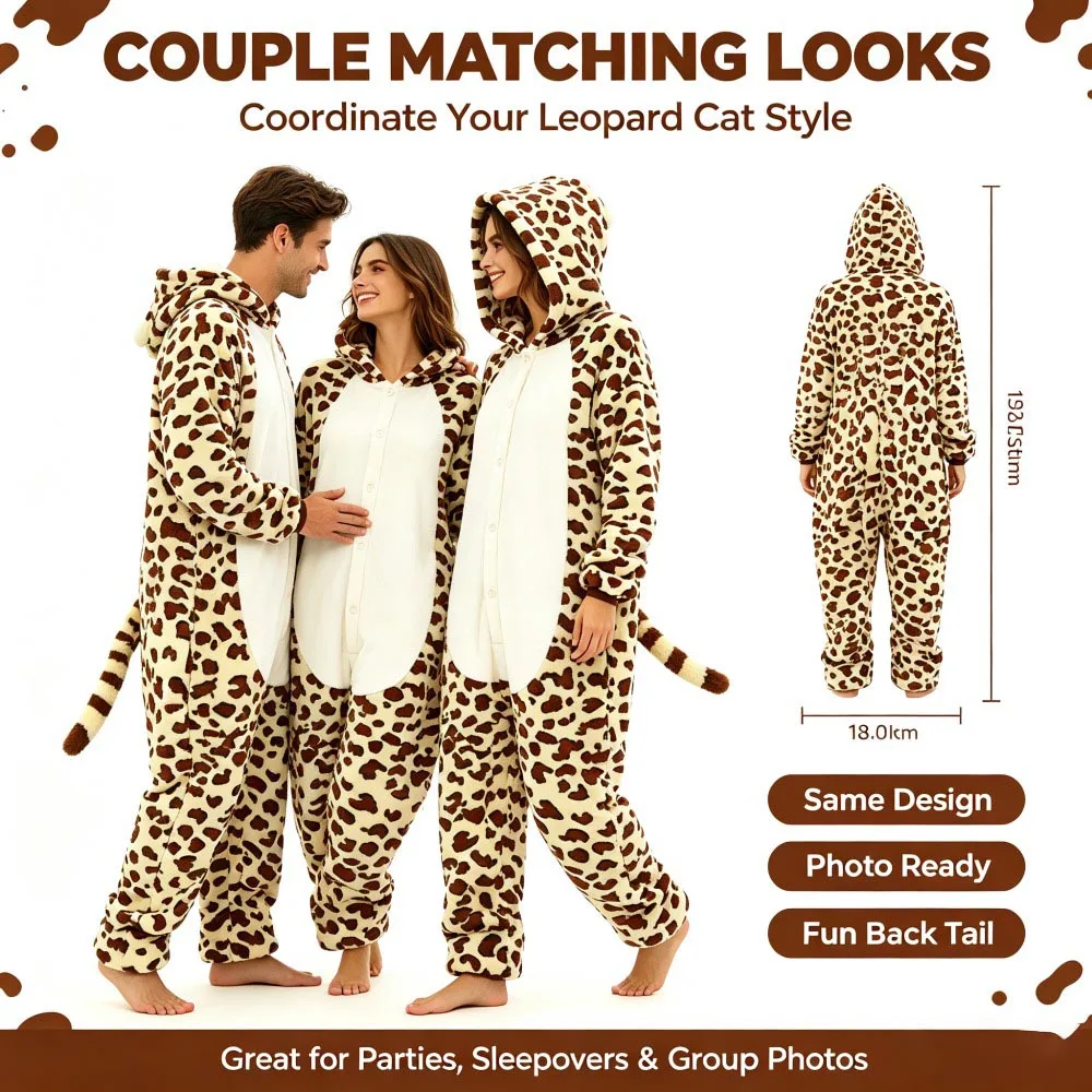 Leopard Kigurumi Pajamas Women Men's Winter Warm Flannel Jumpsuits Carnival  Halloween Unicorn Onesie for Couple Matching Looks