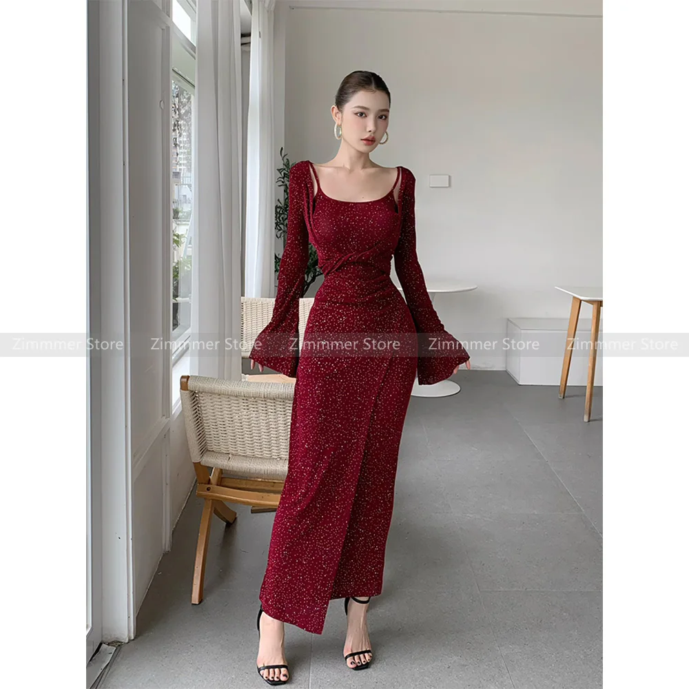 Fashion Women\'s 24 Early Autumn Celebrity Temperament Long Sleeve V-neck Waist Slim Package Hip Dress Two Piece Set