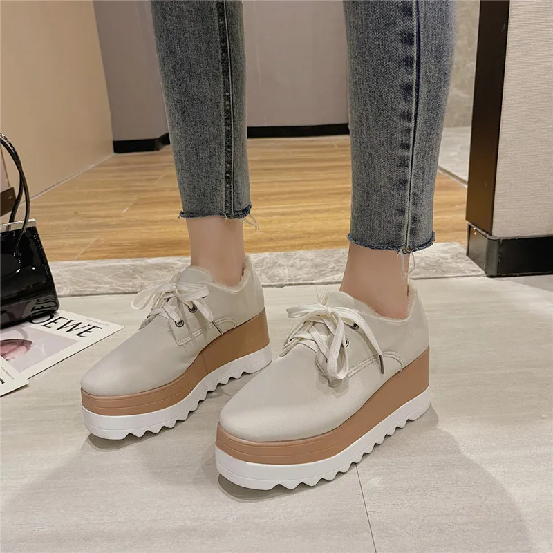 COOTELILI 2024 Wniter Warm Shoes Woman Wedge Pumps Women Sneakers Flats Platform Shoes With Plush 7cm Heels Lace Up Size 35-40