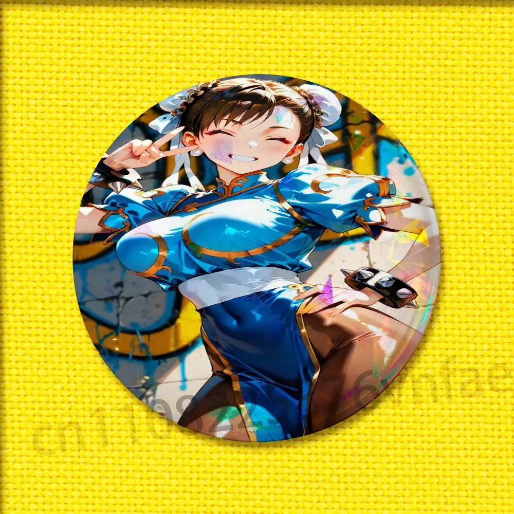 S-Street F-Fighter Chun Li شارة 44 مللي متر 32 مللي متر 58 مللي متر 25 مللي متر 75 مللي متر دبوس مستدير بروش الزينة تذكارية تأثيري هدية على ظهره