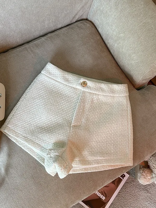 

Retro Wide Leg Woolen Short Pants for Women Casual High Waist Button Zipper Polyester Fiber Straight Cut Autumn Winter New Style