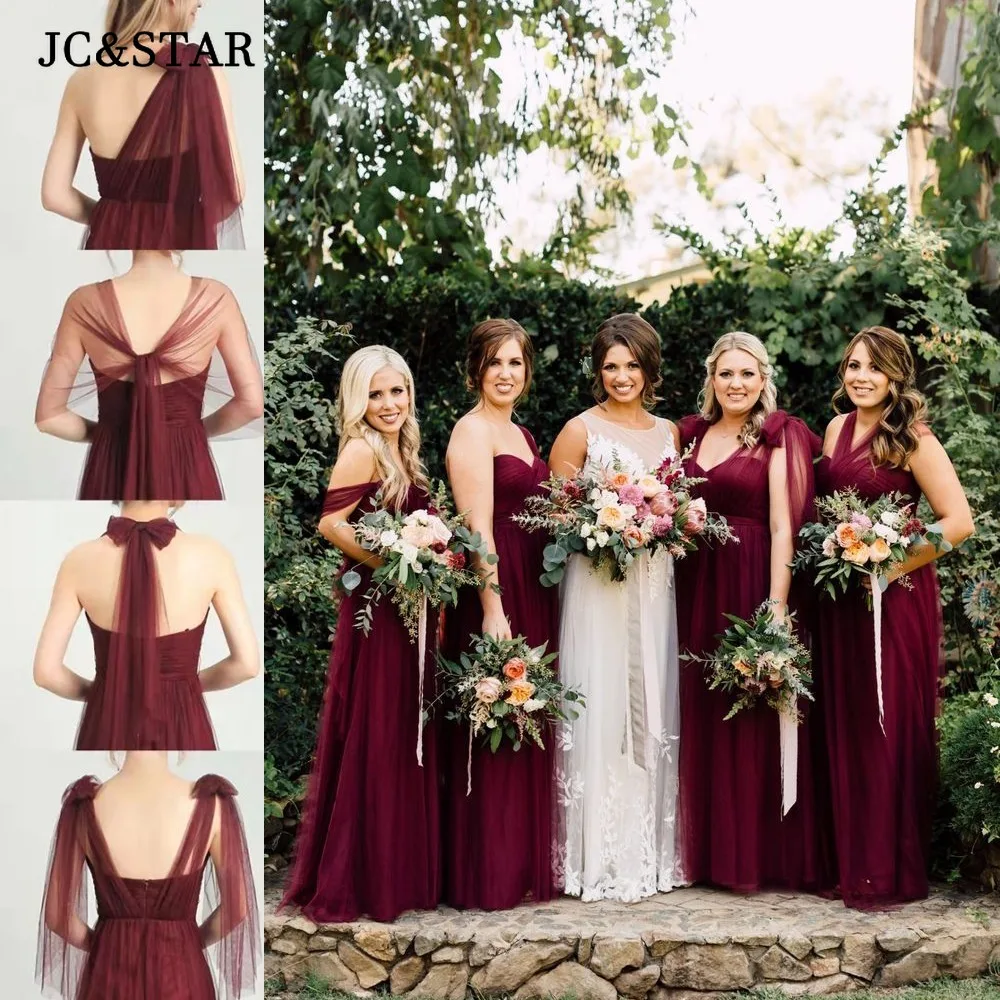 Burgunderrotes Brautjungfernkleid mit Tüll und Schleife, lang, elegant, für den Garten, Hochzeit, Partykleid, umwandelbar, mehrere Tragestile, Vestido De Gala