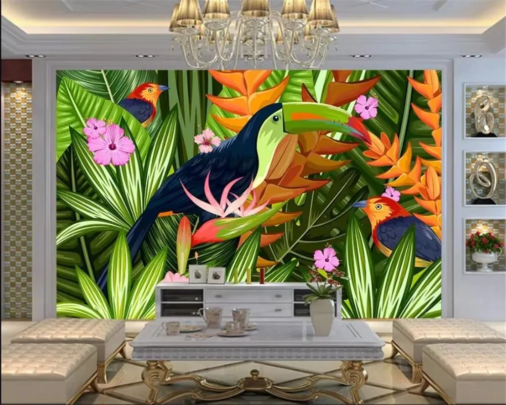Custom 3d wallpaper HD hand drawn tropical rainforest green plants Nordic parrot   Birds and flowers photo wallpaper