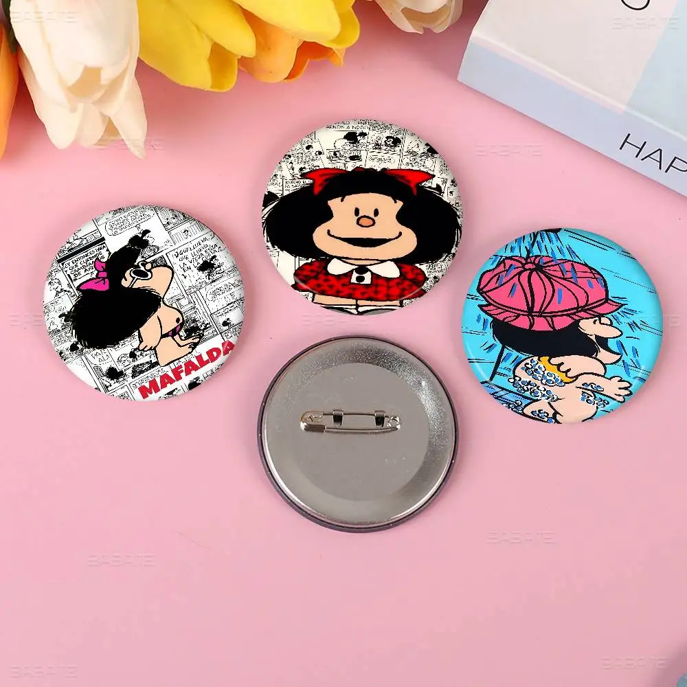 Cartoon Mafalda Soft Button Pin Round Metal Badge Lapel Pin Parts Gift Friends Kid Jewelry