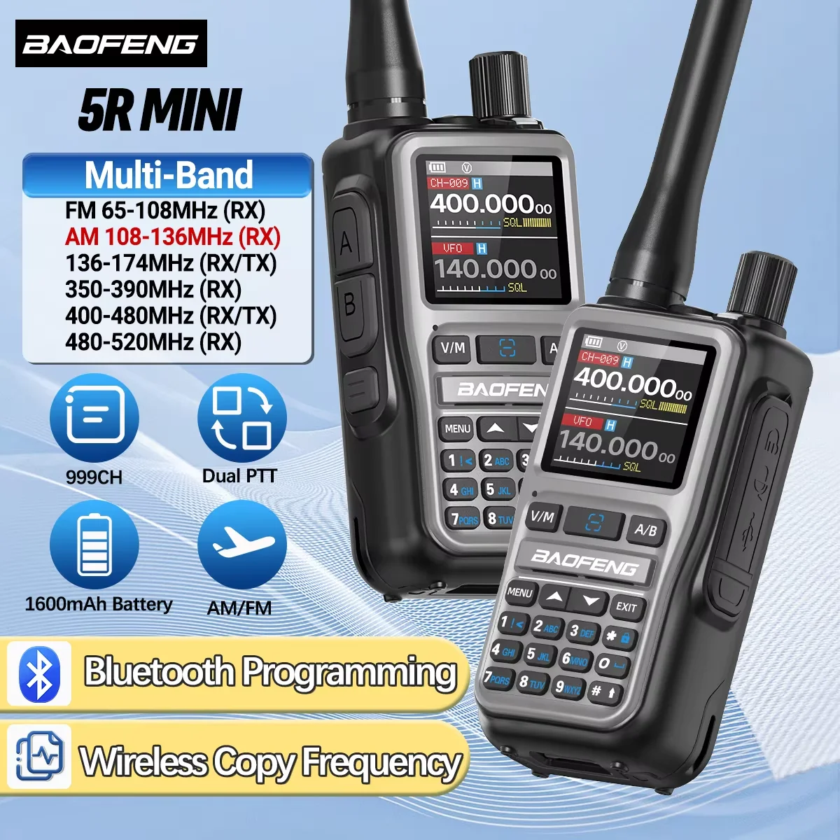 

Рация Baofeng UV-5R Mini (1/2 шт.) с Bluetooth, программированием, зарядкой USB-C, AM, беспроводной копировкой частоты, полным диапазоном FM, двухсторонняя связь