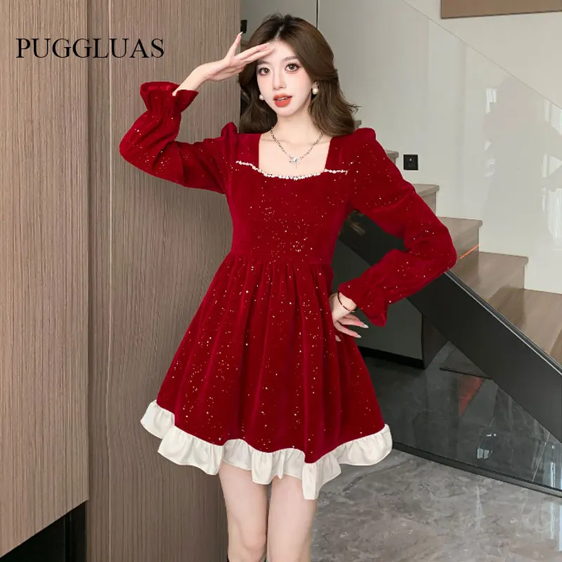 Autumn Vintage Party Dot Dresses Women Korea Elegant Chic Princess Square Collar Long Sleeve Retro Christmas New Year Mini Dress