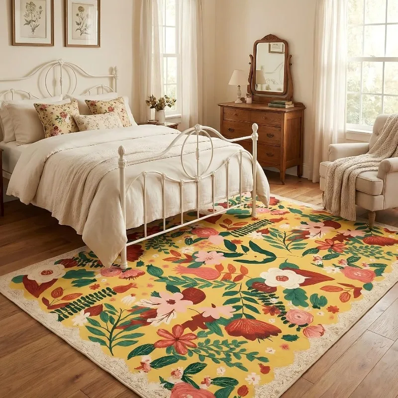 Abstract Floral Rug Colorful Boho Funky Tropical Leaf Aesthetic Bedroom Carpet Washable Orange Coral Non-Slip Floor Mat Alfombra
