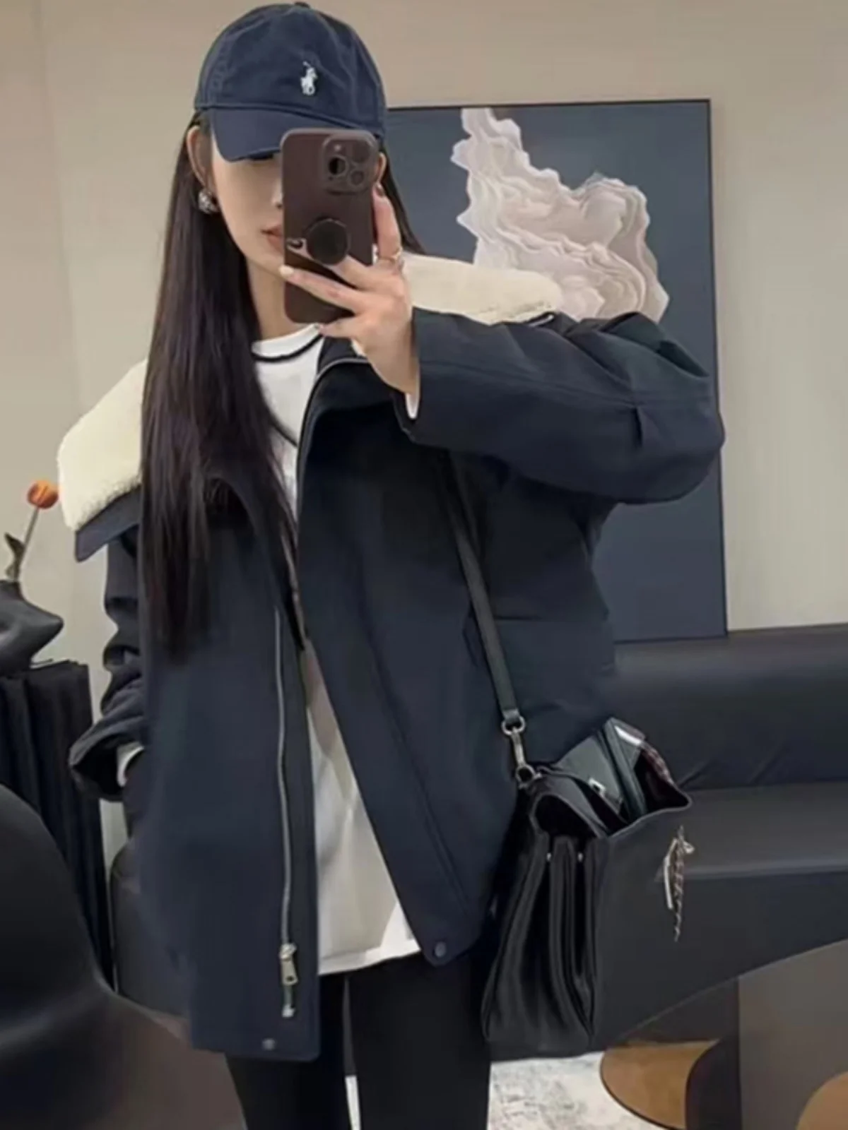 Korean Style Loose Women's Black Jacket Lamb Fur Coat Durable Comfortable Material Long Sleeve Thickened Winter Coat