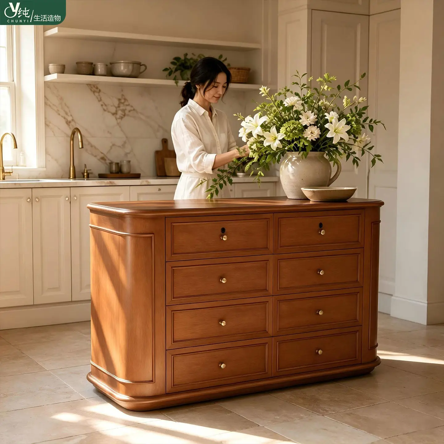 Retro solid wood island dining table integrated storage drawer cabinet multi-functional medium and ancient style kitchen island