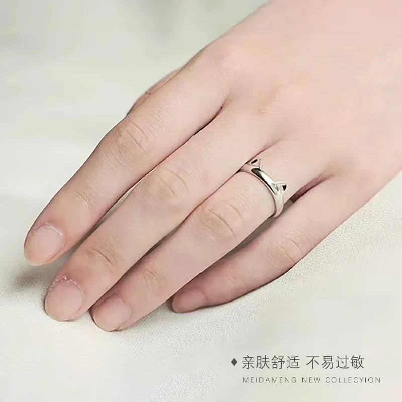 New Simple Popular Fashion Animal 925 Sterling Silver Jewelry Cute Cat Ear Slim Face Opening Rings R020