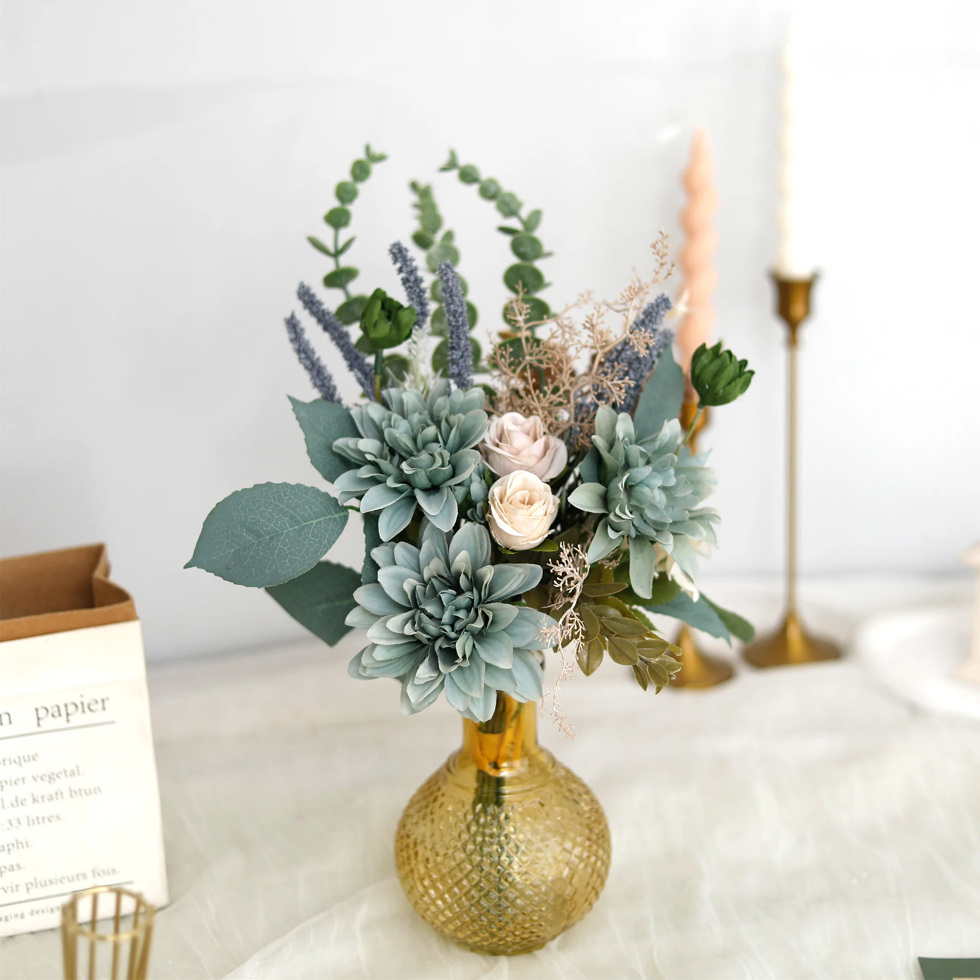 Assorted Dahlia Sage Artificial Flowers Silk Turquoise Wavy Rose Dahlia Hybrid Bride Bouquet Table Wedding Indoor Outdoor Decor