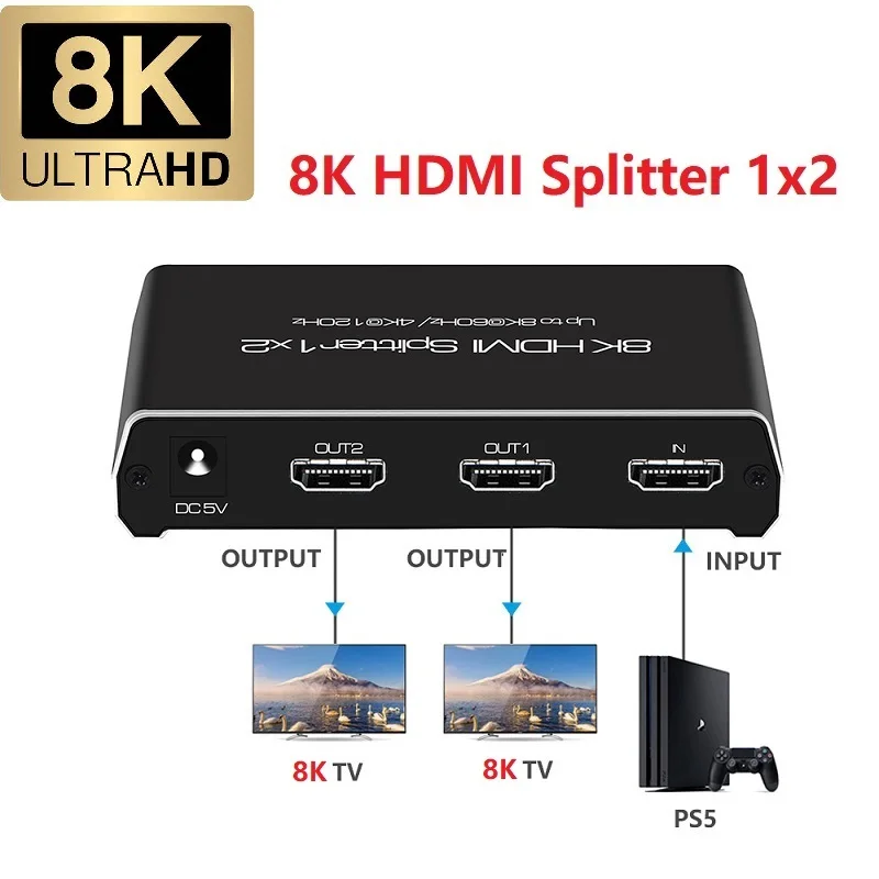 

4K 120Hz HDMI Splitter 1x2 8K 60Hz HDMI 2.1 Splitter Converter 1 In 2 Out HDCP 2.3 UHD HLG HDR 7680x4320P for 8KTV PS5 Xbox Game