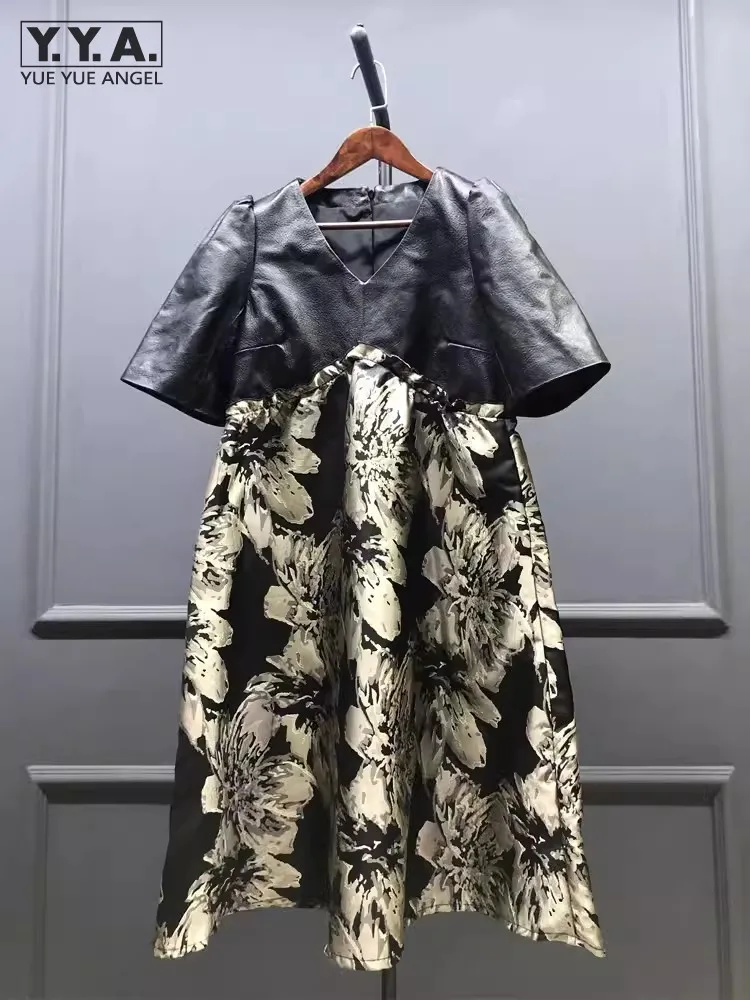 

Vintage Women Floral Printed Spliced Sheepskin Genuine Leather Dress Autumn Female Mid Long V Neck Short Sleeve Banquet Dress